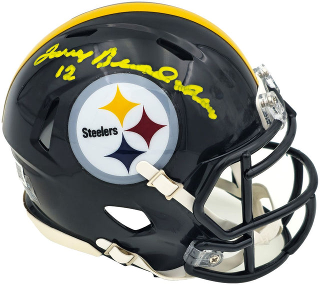 The Sports Integrity Terry Bradshaw Signed in Yellow Pittsburgh Steelers Mini Speed Helmet features the team logo and Bradshaw's autograph on a collectible black helmet.