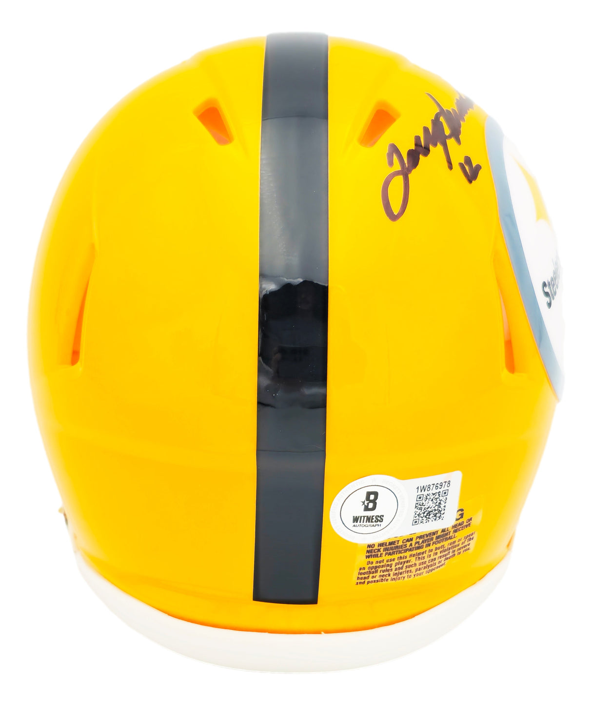The Sports Integrity Terry Bradshaw Signed Pittsburgh Steelers Yellow Mini Speed Helmet BAS features a black center stripe, Bradshaw's autograph on the top right, and back stickers including a certification label and QR code.