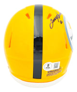 The Sports Integrity Terry Bradshaw Signed Pittsburgh Steelers Yellow Mini Speed Helmet BAS features a black center stripe, Bradshaw's autograph on the top right, and back stickers including a certification label and QR code.