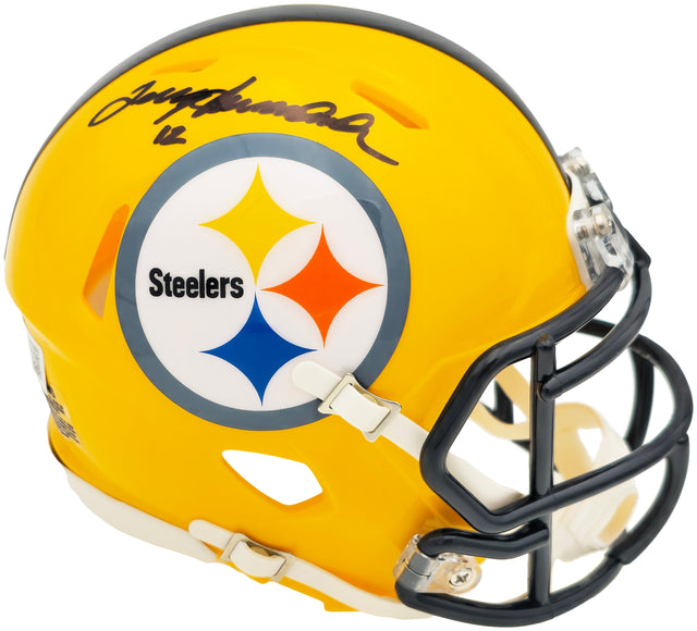 The Sports Integrity Terry Bradshaw Signed Pittsburgh Steelers Yellow Mini Speed Helmet features a black facemask, team logo, and Bradshaw's autograph in black ink on top.