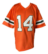 The Sports Integrity Vinny Testaverde Miami Signed College Football Jersey (BAS ITP) is an orange jersey featuring white and green sleeve stripes and the number 14 in large white digits outlined in black on the front.