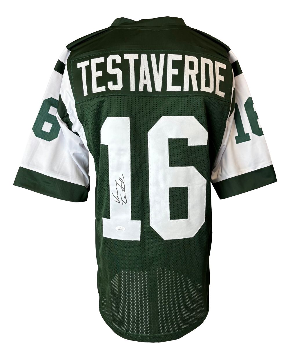 The Sports Integrity Vinny Testaverde New York Signed Green Football Jersey (JSA) features his name and number 16 on the back, with his signature on the number, displayed against a white background.