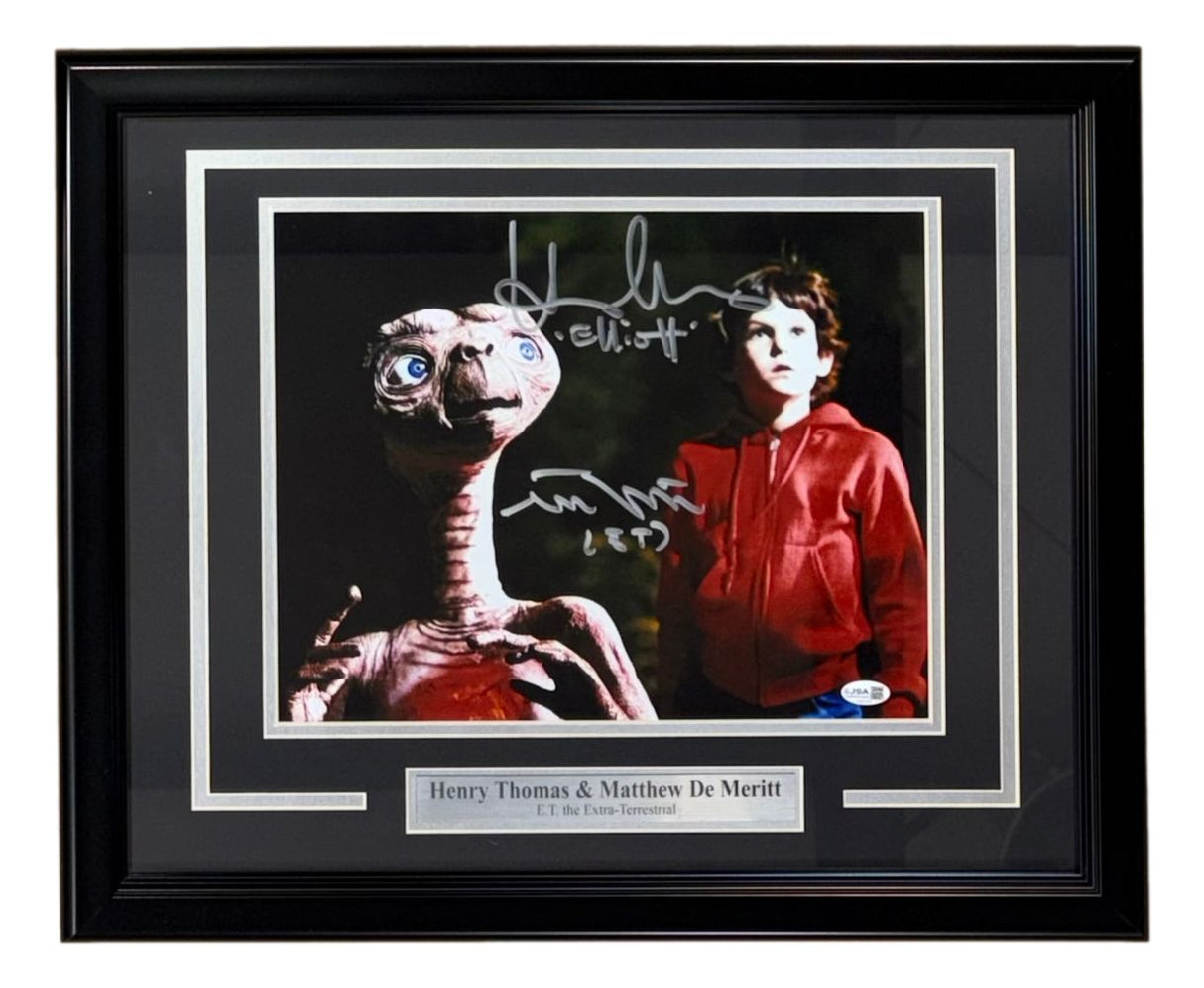 The Sports Integrity Henry Thomas & Matthew De Merritt Signed Framed 11x14 E.T. Photo features autographs and a nameplate, authenticated by JSA.