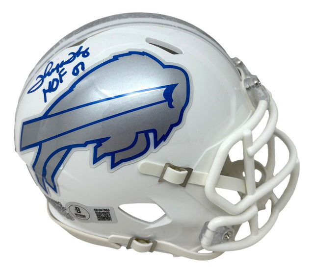 Thurman Thomas Signed Buffalo Bills Rivalries Mini Speed Helmet HOF 07 by Sports Integrity, featuring a blue and silver buffalo logo and Thurman Thomas's autograph on top in blue marker.