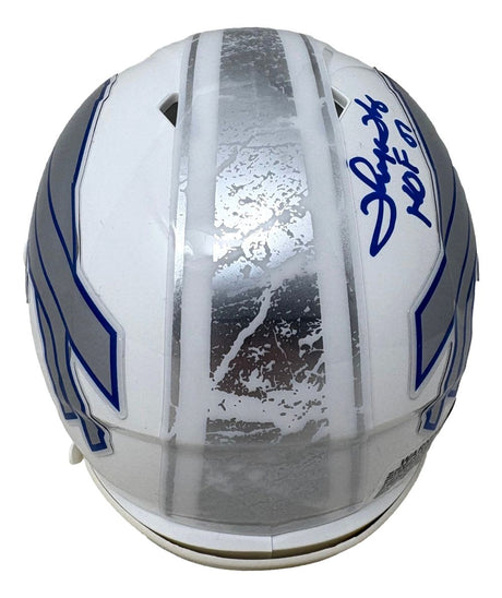 Sports Integrity Thurman Thomas Signed Buffalo Bills Rivalries Mini Speed Helmet HOF 07 BAS, featuring a white helmet with blue and silver stripes, silver accents, and Thurman Thomas's signature in blue ink on top right.