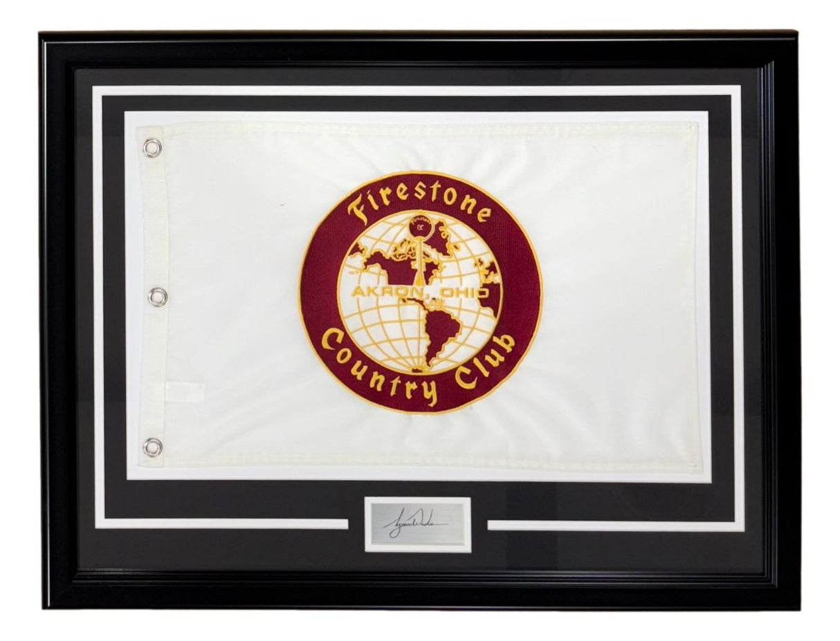 Sports Integrity Tiger Woods Framed Bridgestone Country Club Flag featuring a red and gold logo, laser-engraved signature, and stylish black-and-white matting.