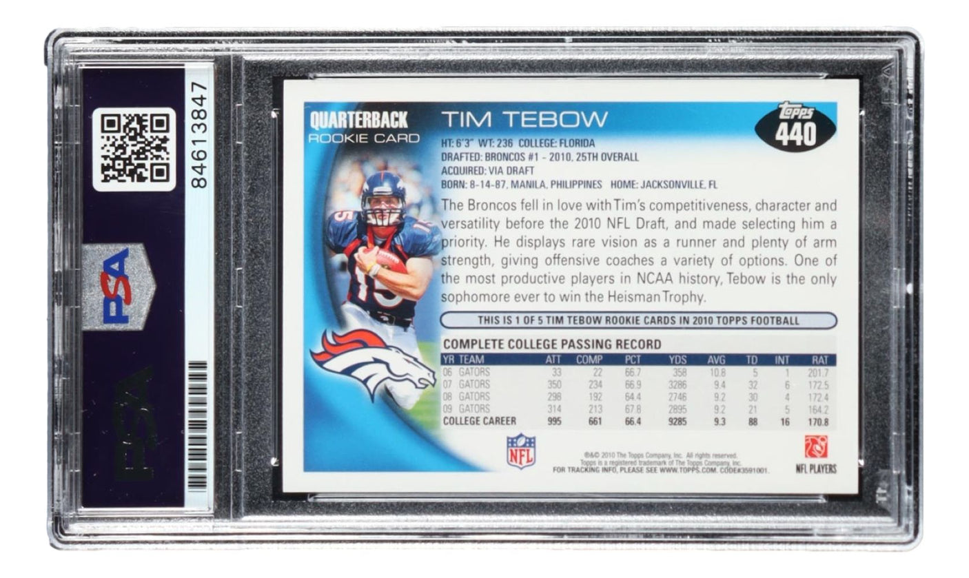Tim Tebow Signed 2010 Topps #440 Denver Broncos Rookie Card PSA Auto Gem MT 10