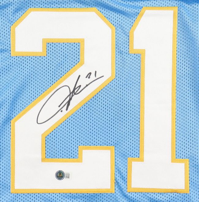 The Sports Integrity LaDainian Tomlinson San Diego Signed Powder Blue Football Jersey (number 21) features a black autograph above the 2 and a small authentication patch below the number.