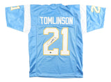 This Sports Integrity LaDainian Tomlinson San Diego powder blue football jersey features the name TOMLINSON and number 21 on the back, with the number signed in black marker. BAS authenticated.