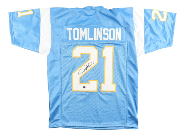 This Sports Integrity LaDainian Tomlinson San Diego powder blue football jersey features the name TOMLINSON and number 21 on the back, with the number signed in black marker. BAS authenticated.