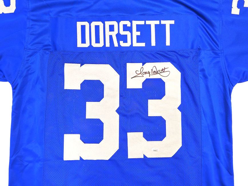 This Sports Integrity Tony Dorsett Dallas Signed Blue Football Jersey (JSA) features "DORSETT" and number 33 in white, with the number autographed in black marker.