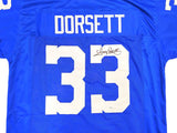 This Sports Integrity Tony Dorsett Dallas Signed Blue Football Jersey (JSA) features "DORSETT" and number 33 in white, with the number autographed in black marker.
