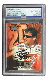 The Tony Stewart Signed 2000 High Gear Promo #1 Joe Gibbs Racing Card by Sports Integrity is PSA certified, showcases Stewart in racing gear and sunglasses with a bold "20" background, and features his black marker autograph.