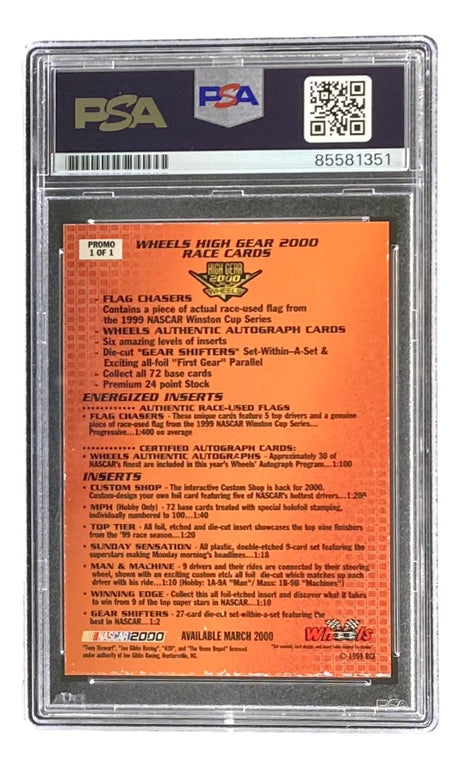 Back of a Tony Stewart Signed 2000 High Gear Promo #1 Joe Gibbs Racing Card PSA, Sports Integrity—features details on special inserts including autographs, limited-edition flags, and pack odds for each type.