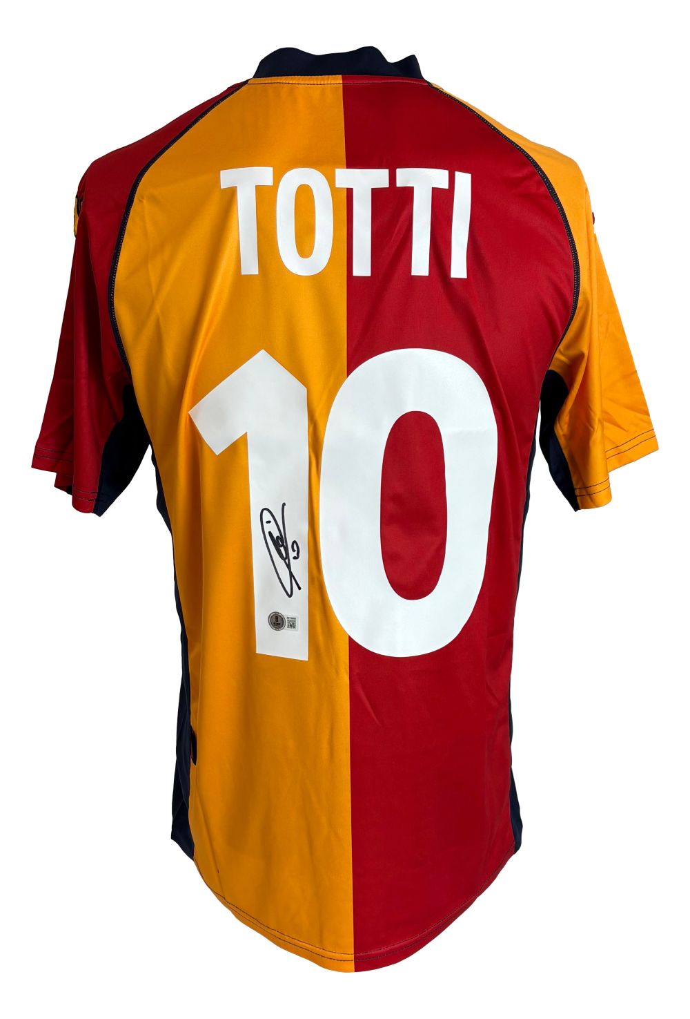 The Sports Integrity Francesco Totti Signed AS Roma Kappa Soccer Jersey BAS features a red and yellow split design, "Totti" and number 10 in white on the back, plus a small signature on the number.