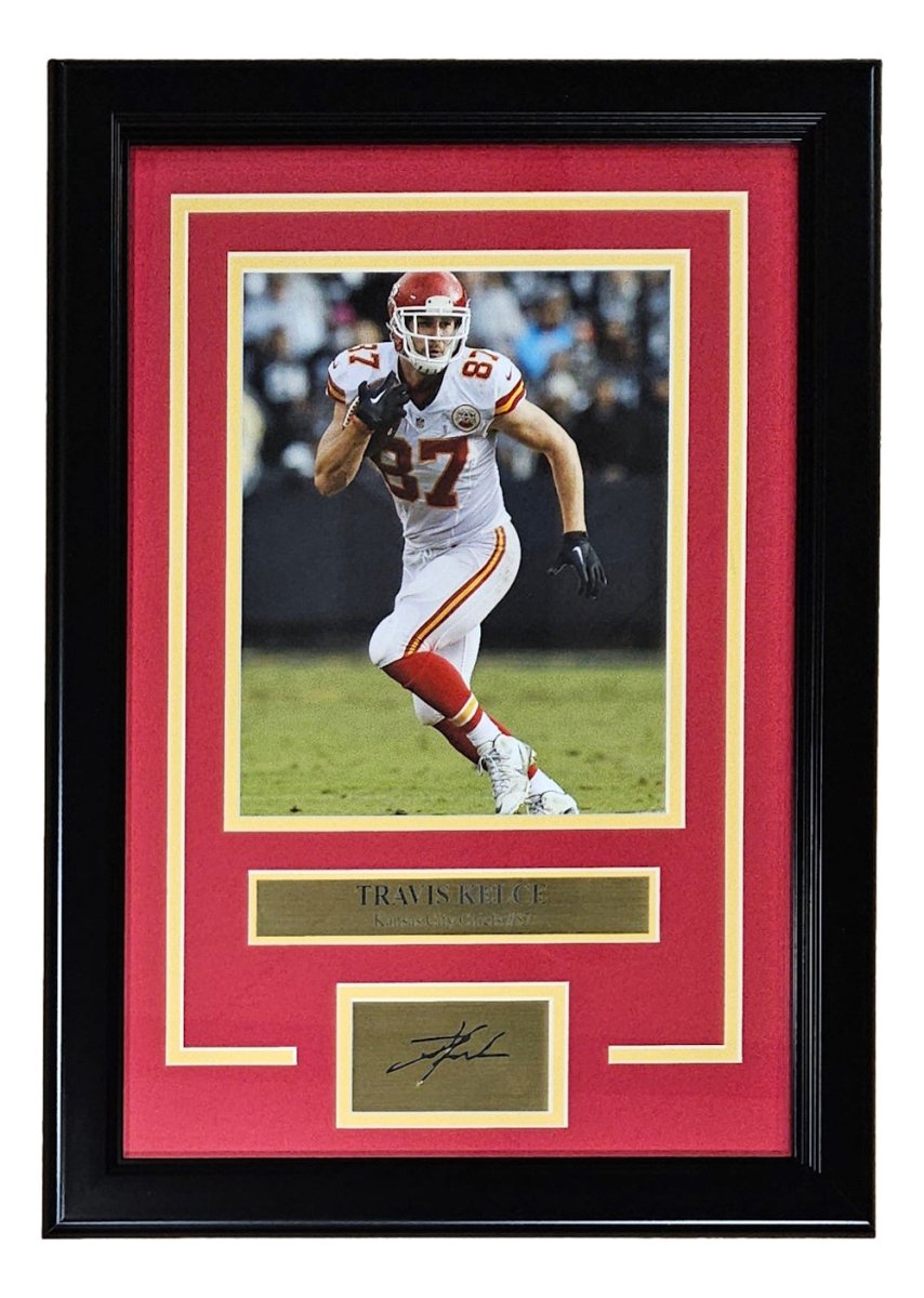 Travis Kelce Framed 8x10 Chiefs White Jersey Photo w/ Laser Engraved Signature - Sports Integrity