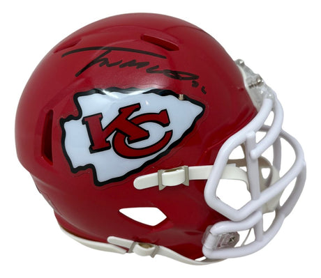 A Trent McDuffie signed Kansas City Chiefs mini Speed helmet by Sports Integrity, featuring the team logo, white facemask, and black autograph.
