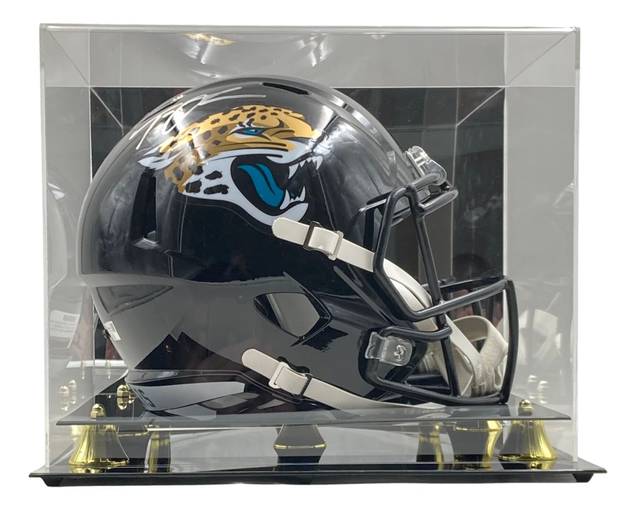 The Trevor Lawrence Signed Jaguars Full Size Replica Speed Helmet by Sports Integrity is showcased inside a clear acrylic display case with gold accents.