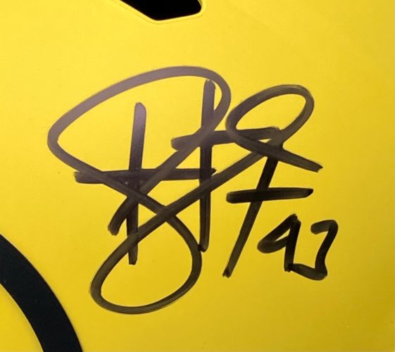 Troy Polamalu's black autograph and #43 are featured on this yellow Steelers Full Size Rave Speed Replica Helmet by Sports Integrity, including a display case and BAS authentication.