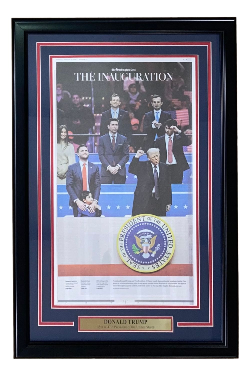 The Sports Integrity Donald Trump Framed Washington Post 2025 Inauguration Day Newspaper Page showcases him raising his fist at the presidential seal, with a plaque reading “DONALD TRUMP, 45th President of the United States.”.