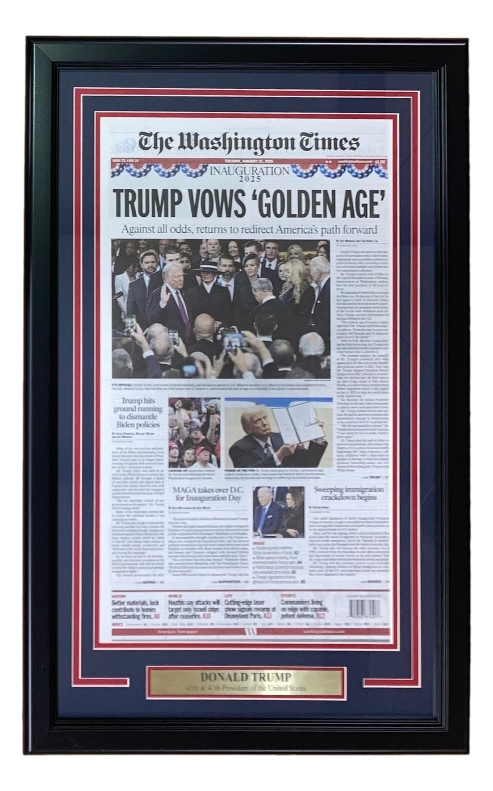 Sports Integrity’s Donald Trump Framed Washington Times 2025 Inauguration Day Newspaper Cover features Trump photos, a gold “Donald Trump” nameplate, and patriotic red, white, and blue matting surrounding the historic front page.