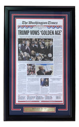 Sports Integrity’s Donald Trump Framed Washington Times 2025 Inauguration Day Newspaper Cover features Trump photos, a gold “Donald Trump” nameplate, and patriotic red, white, and blue matting surrounding the historic front page.