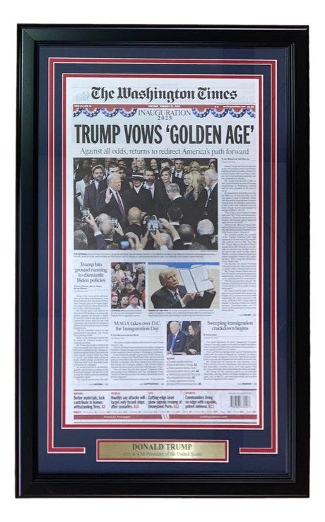 Sports Integrity’s Donald Trump Framed Washington Times 2025 Inauguration Day Newspaper Cover features Trump photos, a gold “Donald Trump” nameplate, and patriotic red, white, and blue matting surrounding the historic front page.
