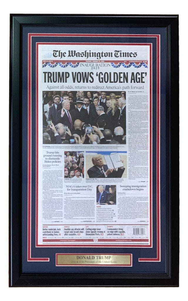 Sports Integrity’s Donald Trump Framed Washington Times 2025 Inauguration Day Newspaper Cover features Trump photos, a gold “Donald Trump” nameplate, and patriotic red, white, and blue matting surrounding the historic front page.