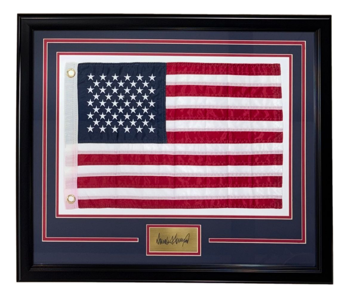 President Donald Trump Framed American Flag w/ Laser Engrave Signature 22x27
