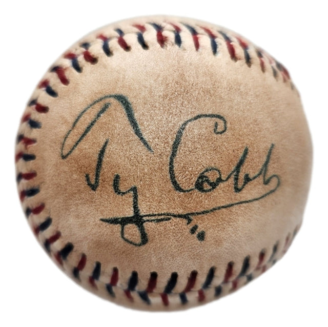 The Sports Integrity Ty Cobb Detroit Tigers Replica Baseball features red and blue stitching and a facsimile 1910s Ty Cobb autograph on the tan leather surface.