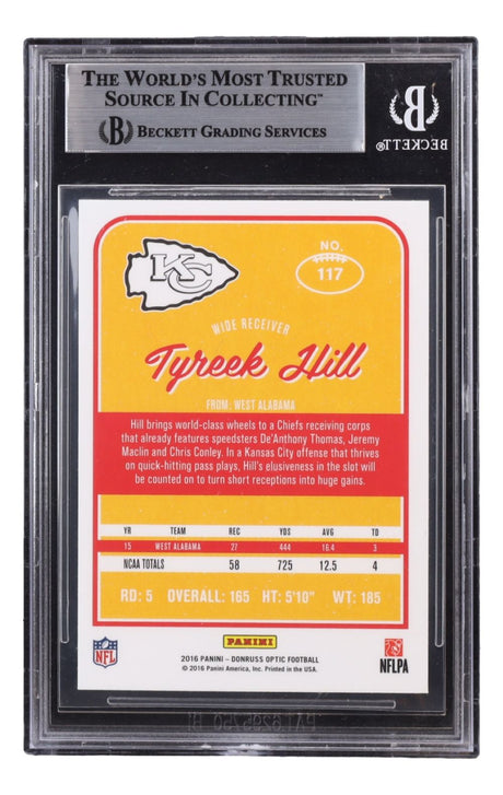 A Tyreek Hill signed 2016 Donruss Optic #117 Kansas City Chiefs rookie card by Sports Integrity, featuring stats and a summary of his college football performance at West Alabama.