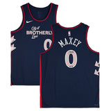 Tyrese Maxey signed Philadelphia 76ers 2023/24 Nike Swingman jersey by Sports Integrity, navy with red and white trim, "City of Brotherly Love" and 0 on front, MAXEY and 0 on back. Features Nike and NBA logos.