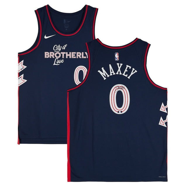 Tyrese Maxey signed Philadelphia 76ers 2023/24 Nike Swingman jersey by Sports Integrity, navy with red and white trim, "City of Brotherly Love" and 0 on front, MAXEY and 0 on back. Features Nike and NBA logos.