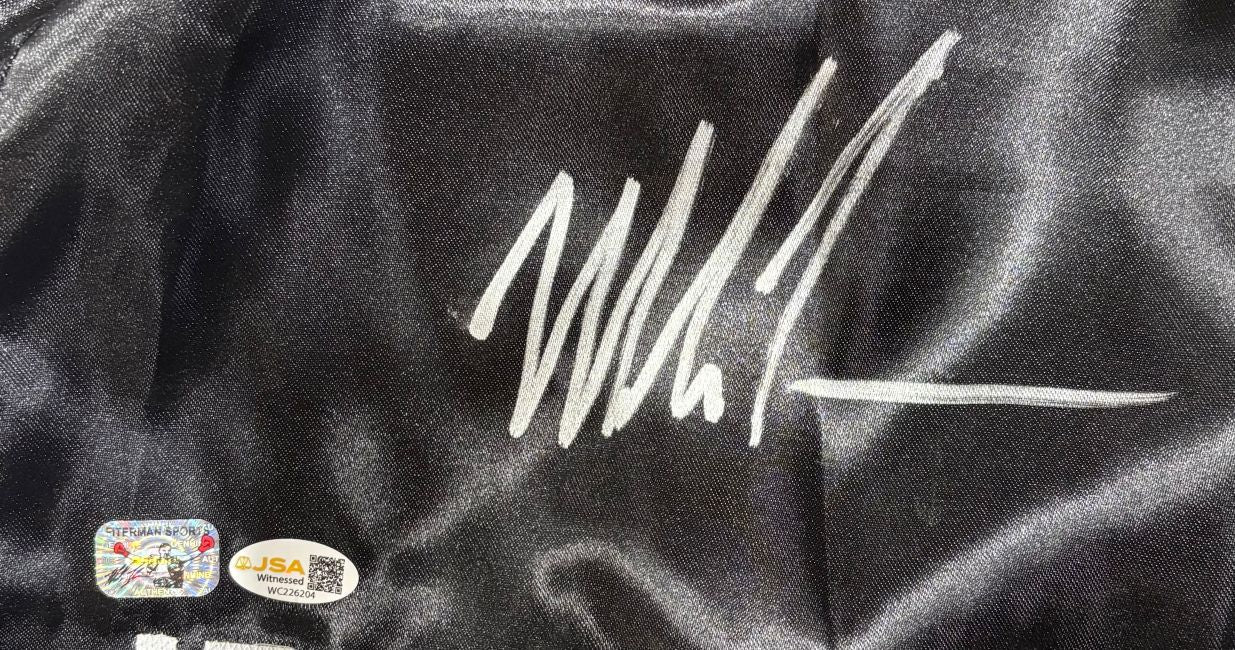 Mike Tyson Signed Custom Black Baddest Man Boxing Trunks JSA QR Hologram