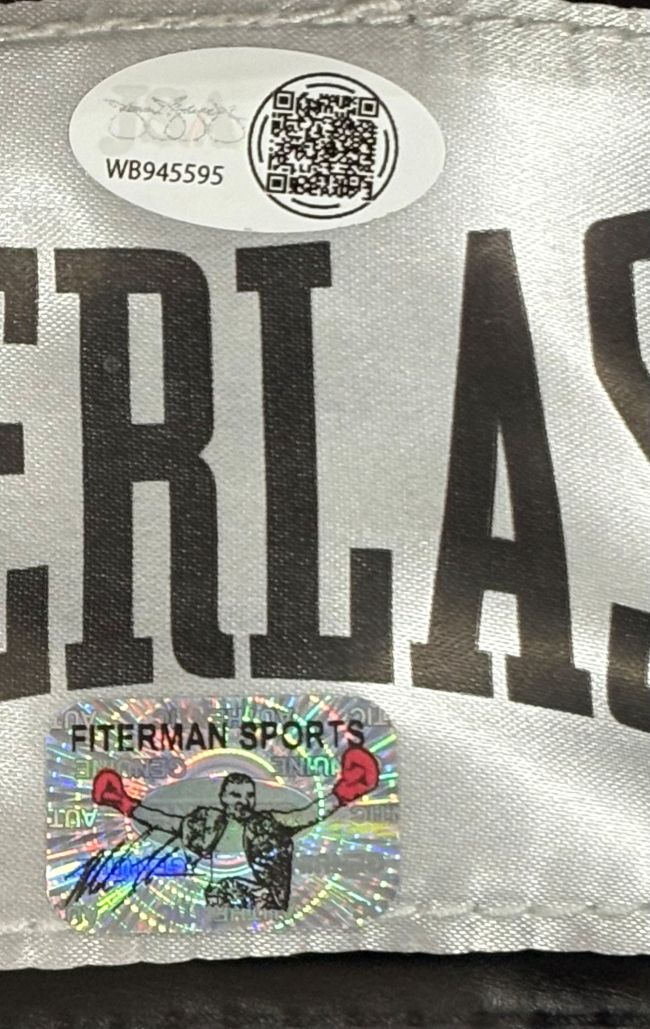 Close-up of a metallic Everlast label on the Mike Tyson Signed Framed Black Right Hand Boxing Glove by Sports Integrity, with a round JSA QR code sticker above and a holographic authenticity sticker below.