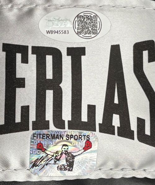 A Mike Tyson signed black Everlast right-hand boxing glove by Sports Integrity features JSA QR and holographic authentication stickers, with a case included. The glove displays bold white "ERLAS" lettering.