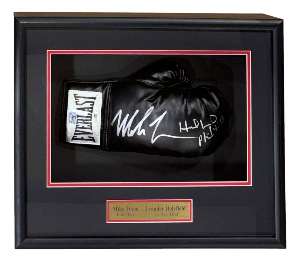 A Sports Integrity framed black Everlast right hand glove signed by Mike Tyson and Evander Holyfield, featuring a plaque with their names; authenticated by JSA.