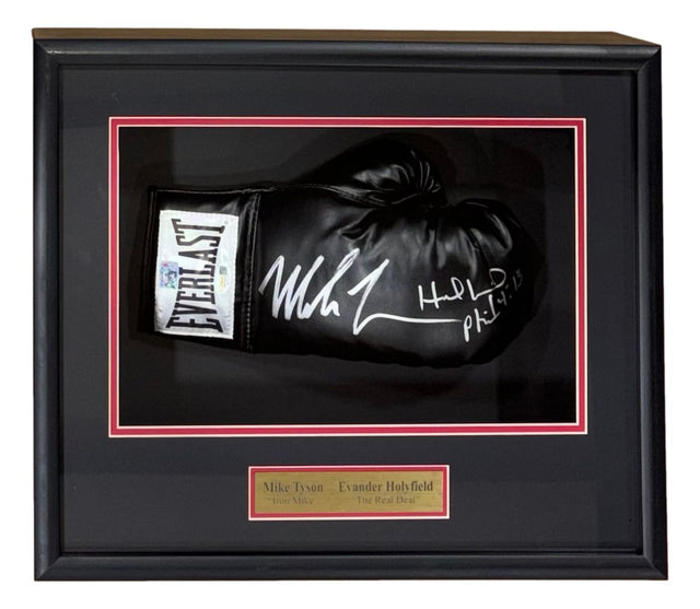 A Sports Integrity framed black Everlast right hand glove signed by Mike Tyson and Evander Holyfield, featuring a plaque with their names; authenticated by JSA.