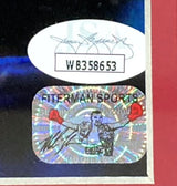 Close-up of two authentication stickers on the Sports Integrity Mike Tyson Left Signed Framed 16x20 Boxing Stare Photo JSA—an oval with signature/code "WB358653," and a holographic "FITTERMAN SPORTS" sticker featuring a red-gloved boxer.