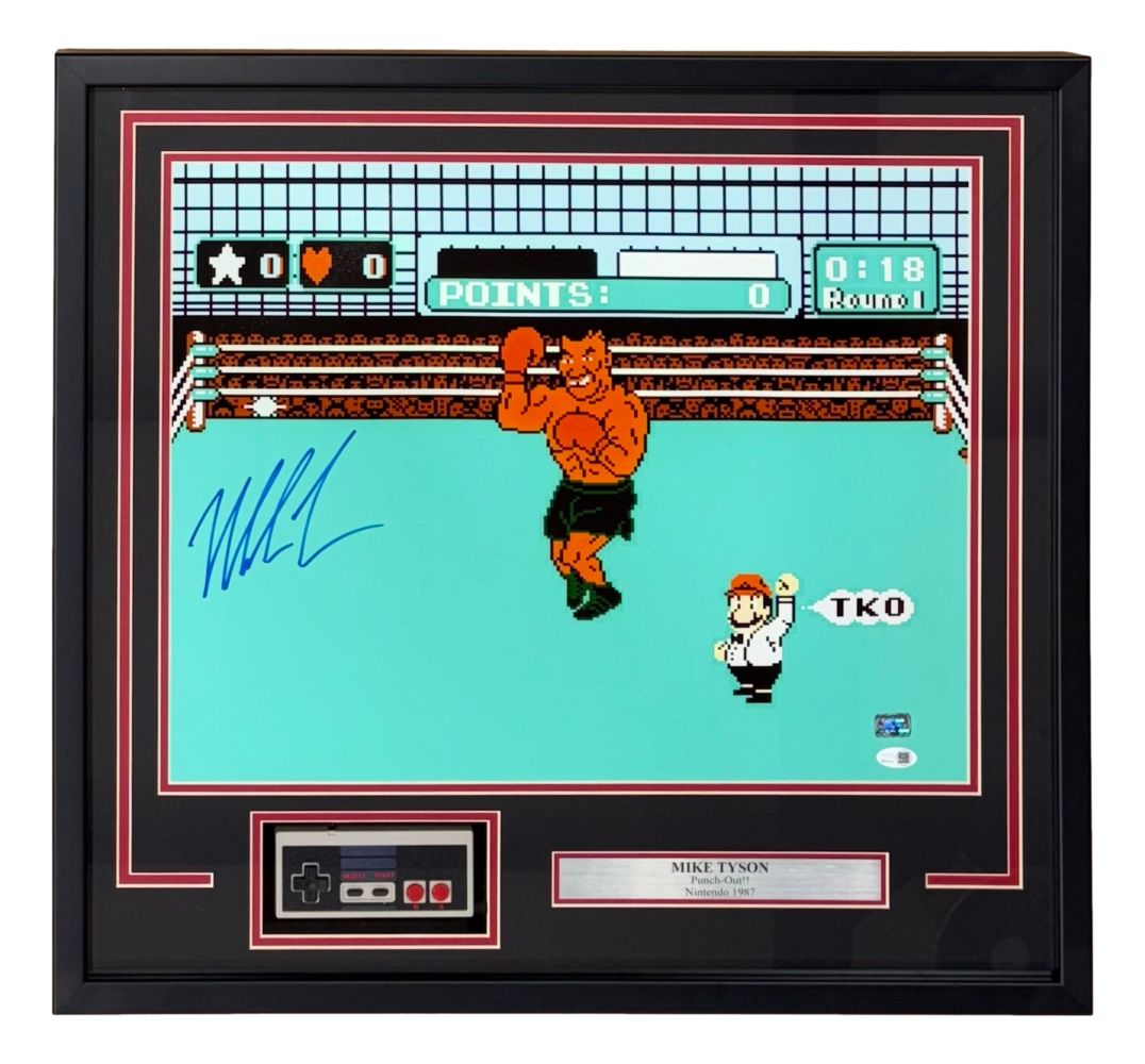 Sports Integrity Mike Tyson signed framed 16x20 Punch Out boxing photo with NES controller and JSA QR holo; the display features an in-game boxing match and engraved plaque.