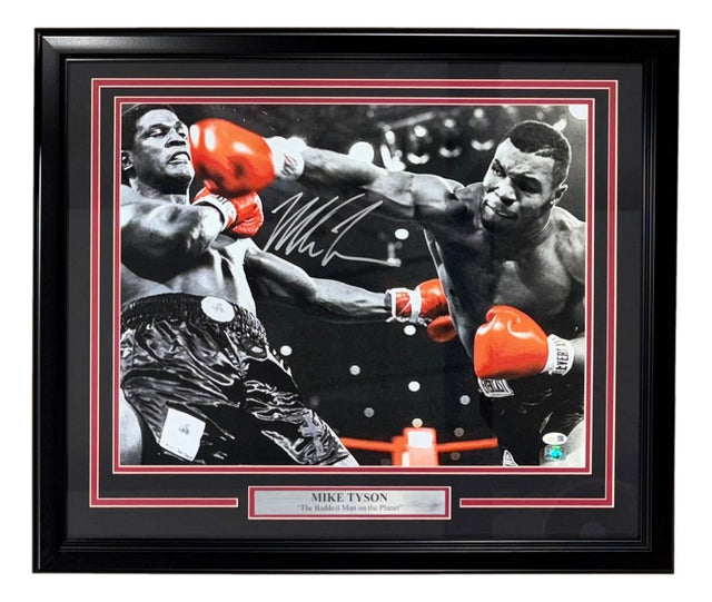 The Sports Integrity Mike Tyson Signed Framed 16x20 Spotlight Boxing Photo (JSA QR Hologram) features a black-and-white action shot with colorful red gloves, plus a plaque reading "MIKE TYSON The Baddest Man on the Planet.