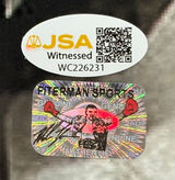 Sports Integrity Mike Tyson Signed Framed 16x20 Spotlight Boxing Photo with a JSA QR hologram above a Hitman Sports holographic sticker showing a boxer with red gloves and Mike Tyson’s black signature.