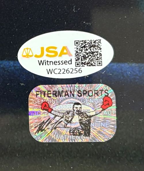 The Mike Tyson Signed Framed 16x20 Stare Boxing Photo by Sports Integrity includes a white oval JSA Witnessed QR sticker (WC226256) and a holographic Fireman Sports "GENUINE" sticker with a boxer raising his gloves.