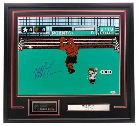 Mike Tyson Signed in Blue Framed 16x20 Punch Out Boxing Photo w/Controller JSA