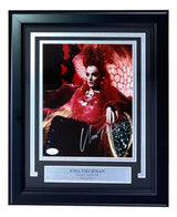 The Sports Integrity Uma Thurman Signed Framed 8x10 Batman & Robin Poison Ivy Photo features her autograph and a metal nameplate, capturing her vibrant red costume from the film. Authenticated by JSA.