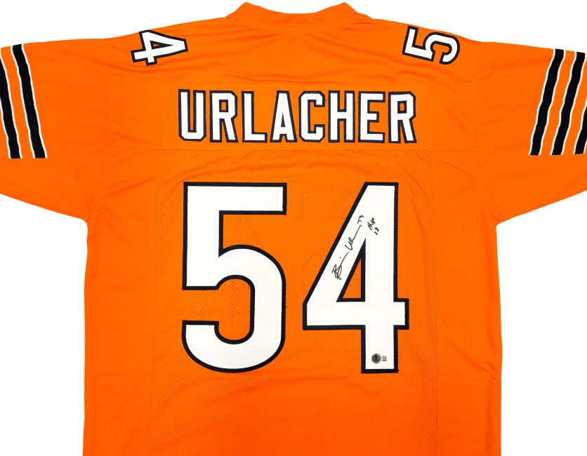 Sports Integrity Brian Urlacher Chicago Signed Orange Football Jersey features black and white sleeve stripes, "URLACHER" and number 54 on back, with Urlacher's autograph and "HOF 18" inscription authenticated by BAS.