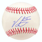 A Victor Scott II St. Louis Cardinals Official MLB Baseball by Sports Integrity, signed in blue, with red stitching and white leather.
