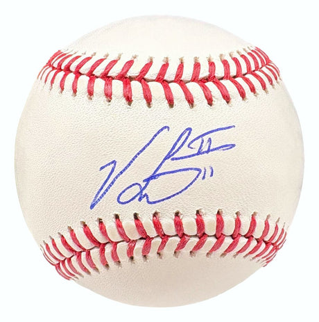 A Victor Scott II St. Louis Cardinals Official MLB Baseball by Sports Integrity, signed in blue, with red stitching and white leather.