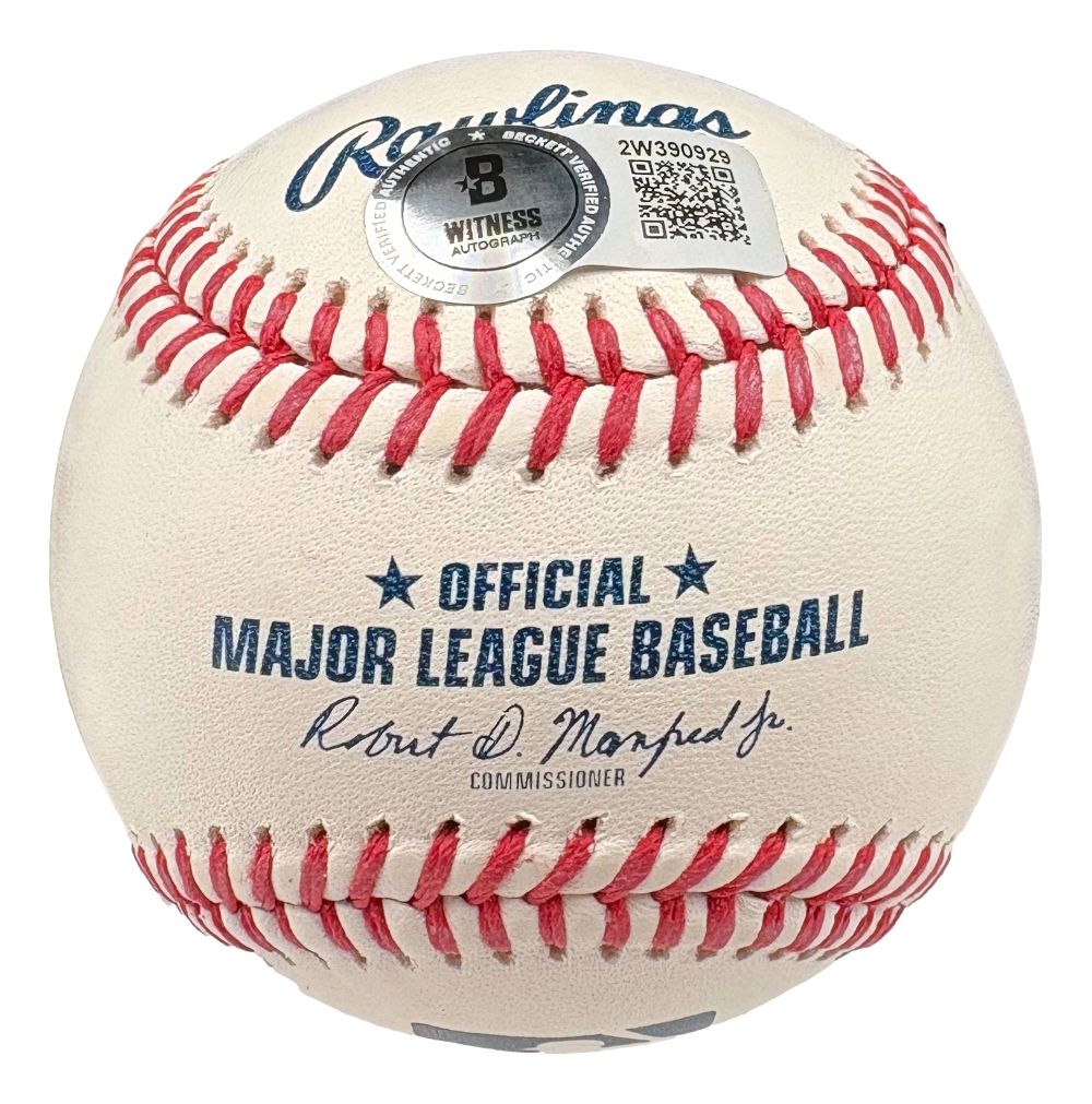 A Victor Scott II St. Louis Cardinals signed official MLB baseball by Sports Integrity, featuring red stitching, blue text, a Beckett authentication sticker, and Commissioner Robert D. Manfred Jr.'s signature below the league branding.