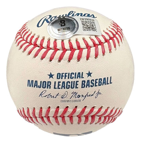 A Victor Scott II St. Louis Cardinals signed official MLB baseball by Sports Integrity, featuring red stitching, blue text, a Beckett authentication sticker, and Commissioner Robert D. Manfred Jr.'s signature below the league branding.